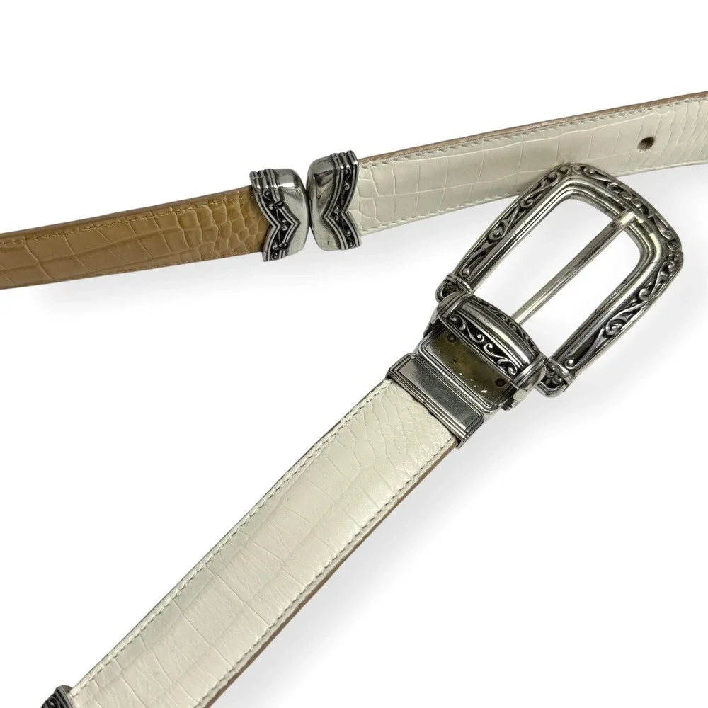 VTG Brighton‎ Reversible Belt 32 M/L White Tan Crocodile Embossed Leather Ornate
